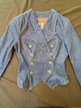 Cerini vintage blue jean jacket with decorative buttons and embroidered cut-outs